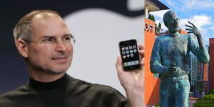 Steve Jobs az első iPhone bemutatásakor és az emlékére állított szobor a budapesti Graphisoft parkban (Fotók: balról Apple; jobbról Szappanos Veronika, Szabad Magyar Szó)