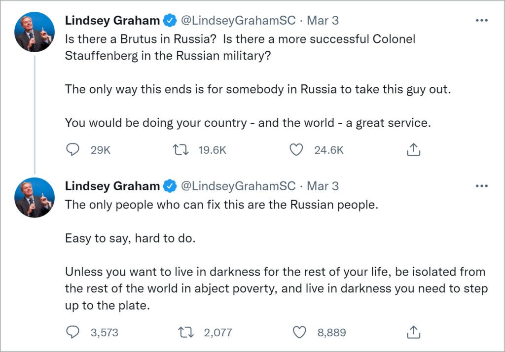 Lindsey Graham dél-karolinai szenátor Twitter-bejegyzése, amelyben arra célzott, hogy a világ jobban járna, ha Putyint eltávolítanák a színről (Twitter)