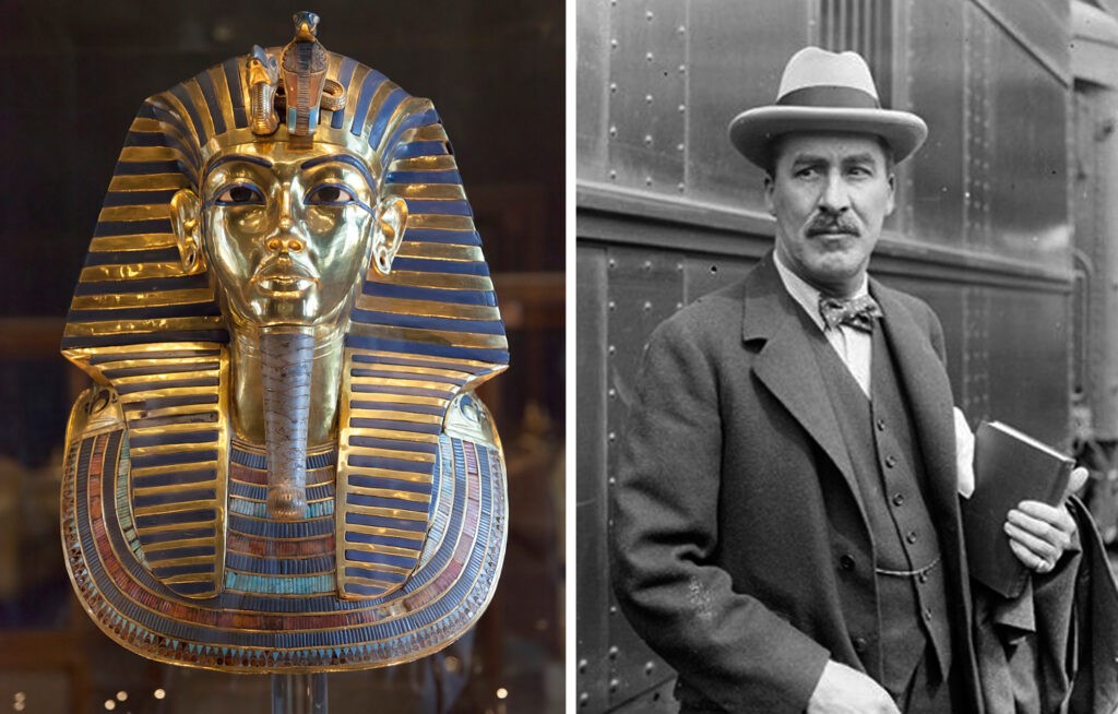 Tutanhamon arany halotti maszkja az Egyiptomi Múzeumban és Howard Carter (Fotó: Wikipedia)