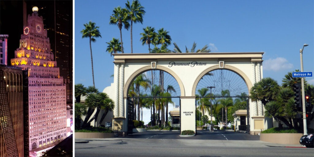 A Paramount mozipalota épülete New Yorkban és a Stúdió bejárata Los Angelesben (Fotó: Wikipedia)