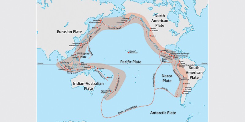 A Tűzgyűrű a Csendes-óceán mentén, ahol leggyakoribbak a földmozgások (Térkép: Shutterstock)