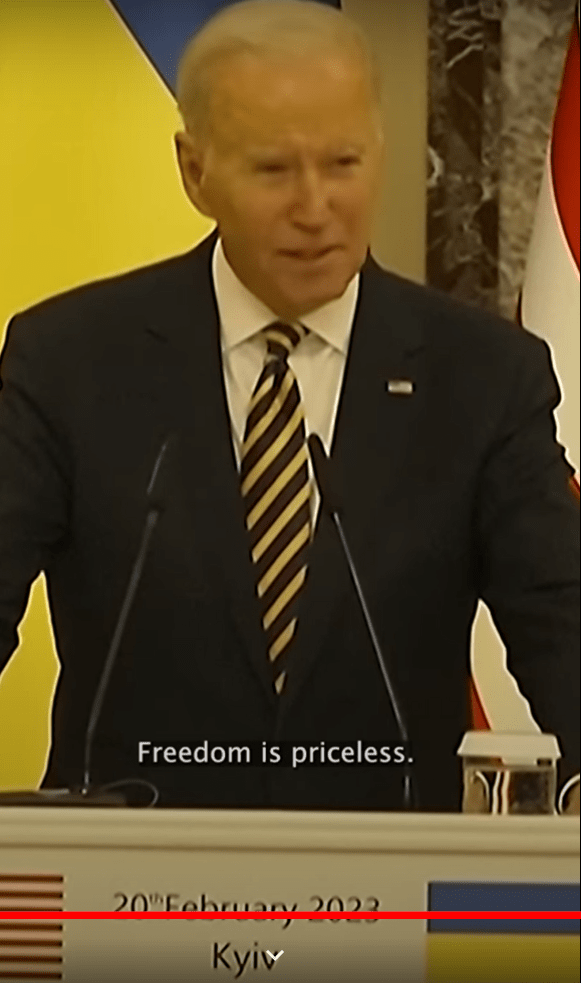 "A szabadságnak nincs ára" Biden Kijevben, 2023. február 20-án (Képernyőfotó)