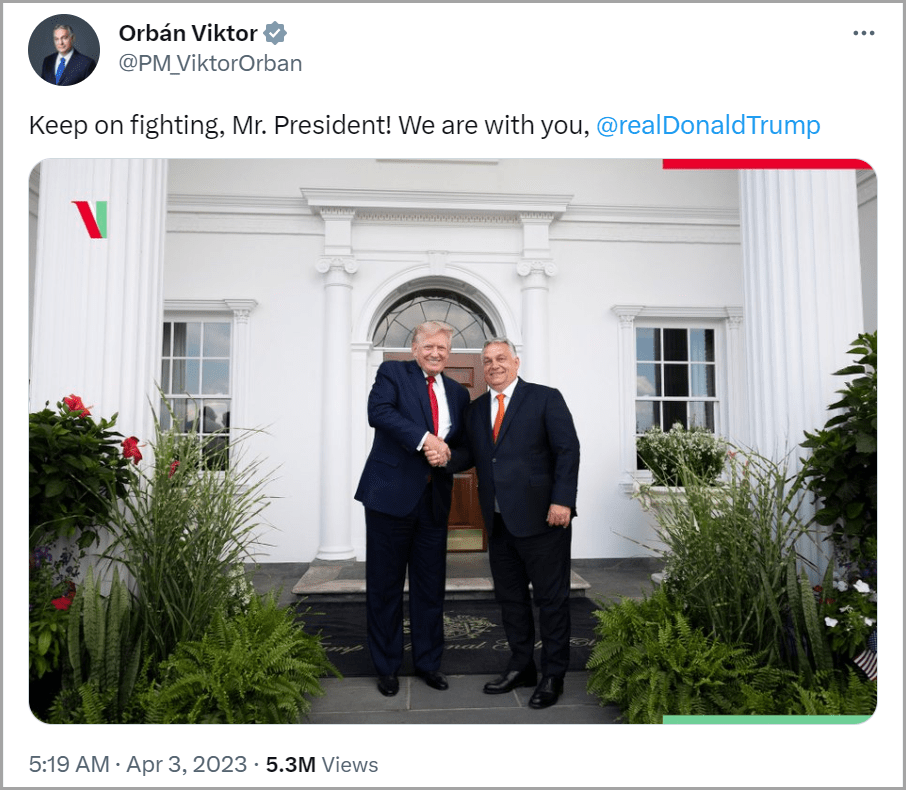 Orbán megtámogatja a vádlott Trumpot (Twitter)