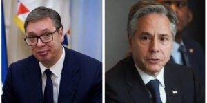 Aleksandar Vučić szerb köztársasági elnök (b) és Anthony Blinken amerikai külügyminiszter (j)