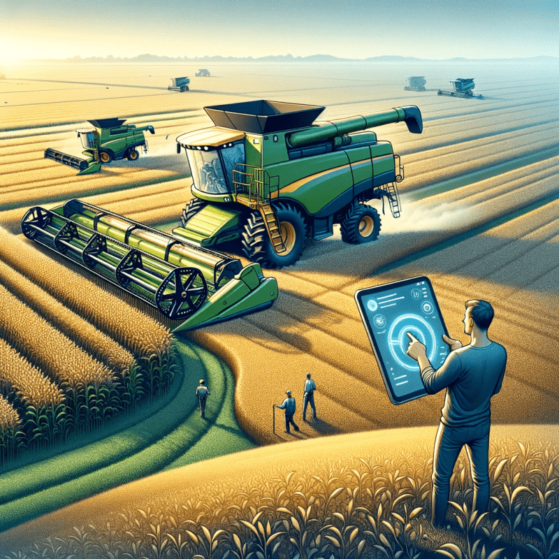 Kombájn dolgozik a szántóföldön, a tábla széléről a gazda irányítja a gépeket és az aratást egy tableten keresztül (Fotó: Mesterséges Intelligencia - DALL-E)