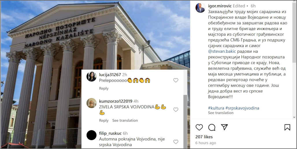 Igor Mirović vajdasági kormányfő szégyentelenül nacionalista bejegyzése az Instagramon és az első 3 kommentár. 2024. március 29. (Képernyőmásolat/montázs)