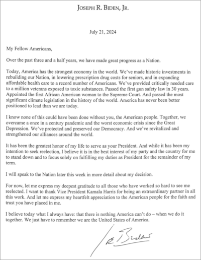 Joe Biden levele, amellyel bejelenti visszalépését (Forrás: X/Twitter)