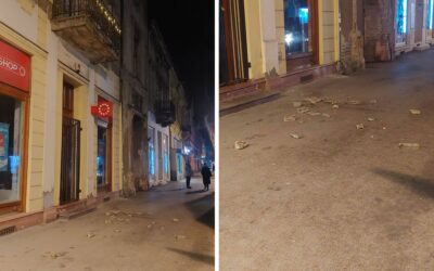 Betondarabok hullanak le egy erkélyről Szabadka központjában