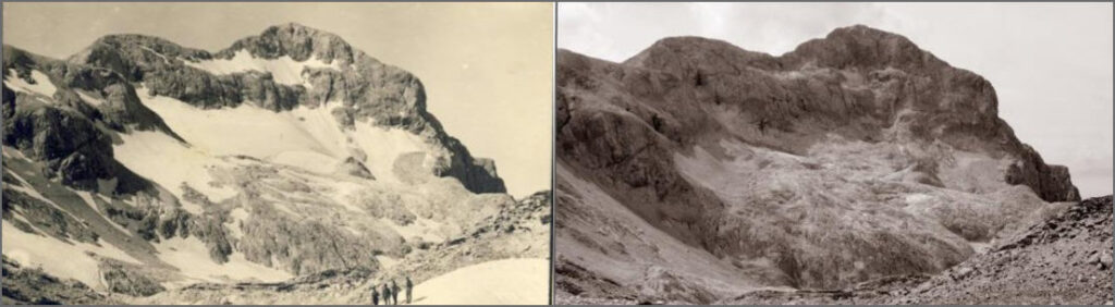 A Triglav gleccsere 1940-ben (b), illetve 2012-ben (Fotók: Joško Šmuc/b, ill. Jaka Ortar; 6th Symposium for Research in Protected Areas)