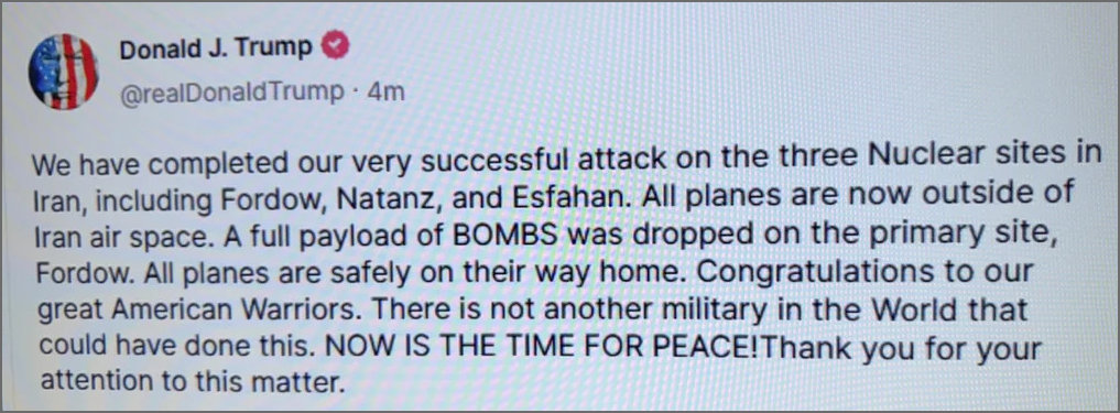 Donald Trump közzéteszi az Irán elleni támadás hírét saját közösségi hálóján. 2025. június 21. (Képernyőmásolat)