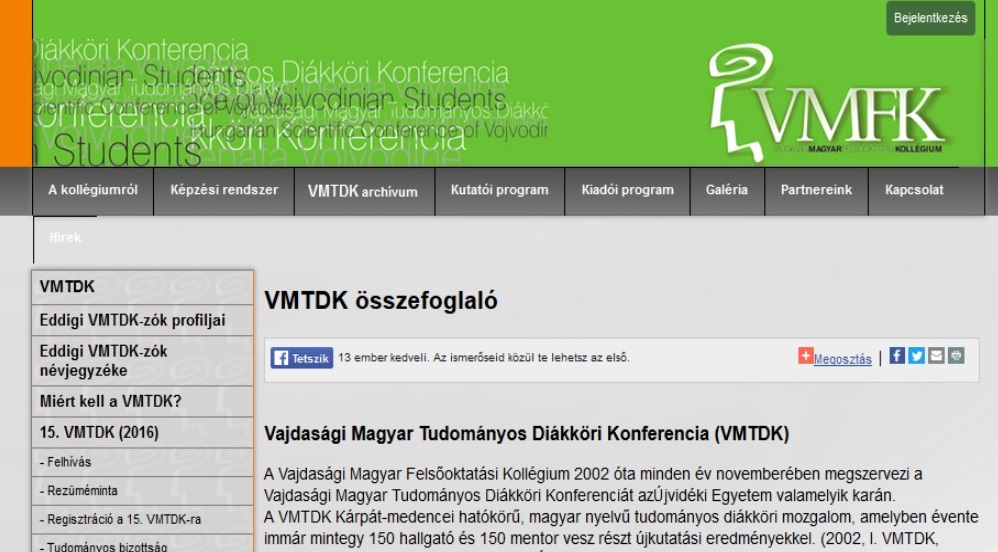 15. Vajdasági Magyar Tudományos Diákköri Konferencia