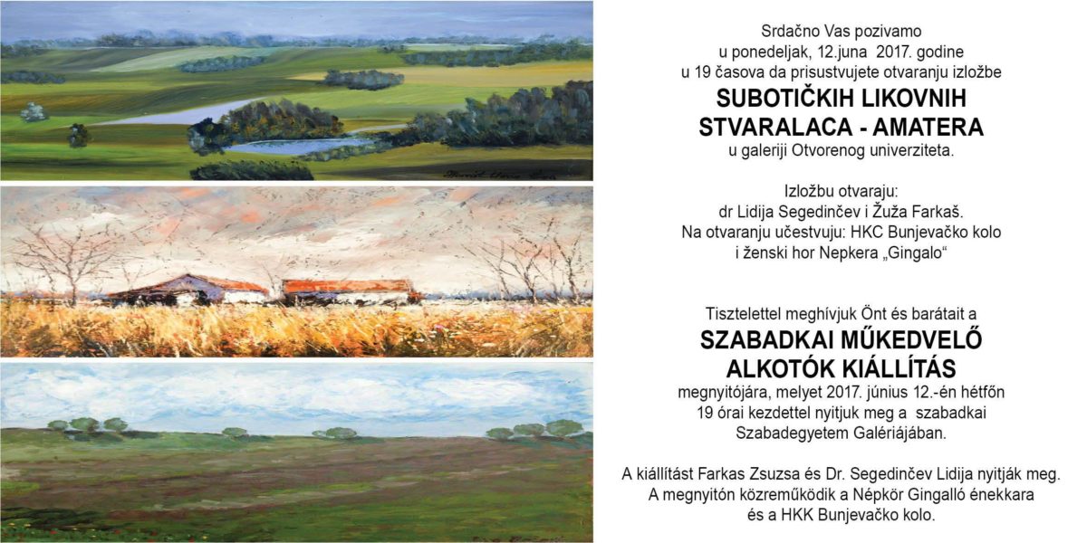 <span class="entry-title-primary">Szabadkai műkedvelő alkotók kiállítása</span> <span class="entry-subtitle">Szabadka, a Szabadegyetem galériája, június 12. – Kezdés: 19.00</span>