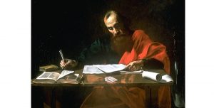 Szent Pál apostol leveleit írja (Valentin de Boulogne festménye, 1618-20, Museum of Fine Arts, Houston, TX, USA)