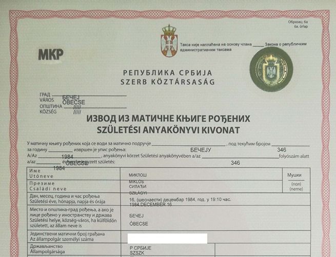 Óbecse: Ha hibásan is, de már adnak ki kétnyelvű anyakönyvi kivonatot