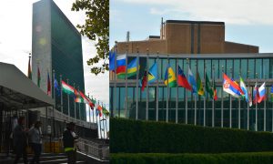 Könnyen kikereshető a magyar és a szerb zászló is az ENSZ-székház előtt. Az utóbbi miatt Koszovó egyelőre nem tagja a világszervezetnek (Fotó: Szappanos Veronika/SZMSZ)