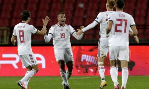 Könyves Norbert gólöröme a Szerbia elleni mérkőzésen (Fotó: index.hu)