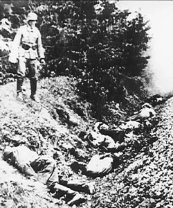 Százat egyért: Német katona szemléli az árokba lőtt civileket (Dokumentumfotó: Spomenik Database)