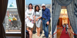 Koronamásolat lobogóval az elnöki palota erkélyén; Novák Katalin látogatók egy csoportojával; termek hosszú sorát csodálják a látogatók a nyitott napon. Sándor-palota, Budapest, 2022. május 14.