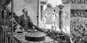 Reynaud mozgóképes bemutatója a praxinoszkóppal 1892-ben (Fotó: Wikipedia)