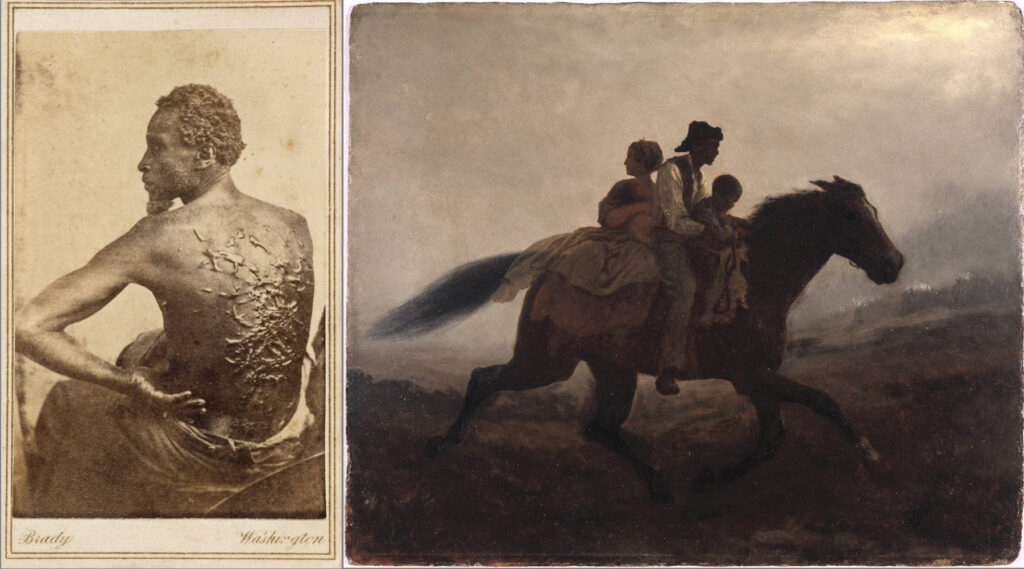 Egy Gordon nevű volt rabszolga orvosi vizsgálatáról készült fotó a korbácsütések (b-j) nyomaival (Mathew Benjamin Brady fotója; Versenyfutás a szabadságért: Rabszolgacalád menekül északra (Eastman Johnson festnénye, 1862 (Montázsrésazletekl: Wikipedia)