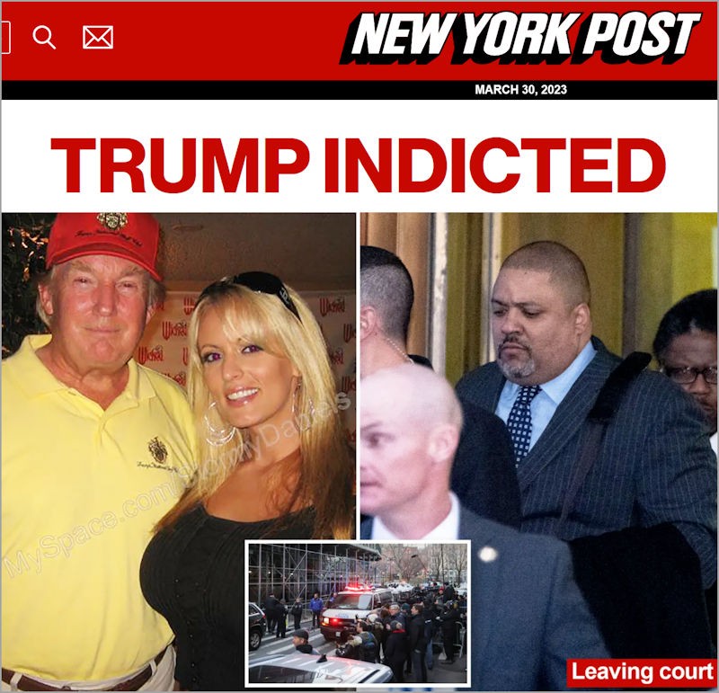 Trump és pornósztár-kedvese Stormy Daniels, valamint Alvin Bragg New York-i kerületi ügyész montázsfotón a New York Post c. bulvárlap március 30. esti címlapján (Képernyőfotó)