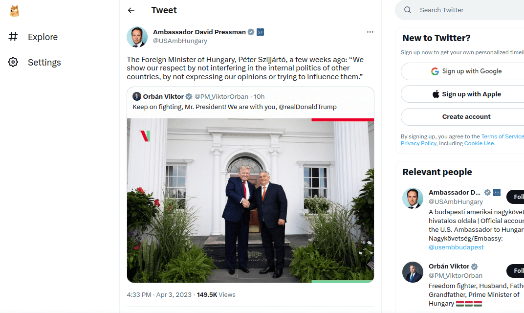 Az amerikai nagykövet Szijjártó-idézettel emlékeztette Orbánt, hogy a magyar kormány nem avatkozik mások belügyeibe