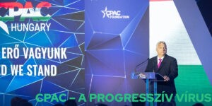 Orbán Viktor a „liberális vírus" ellenszerét magyarázza a CPAC HU szélsőjobboldali gyülekezetének. Budapest, 2023. május 4. (Fotó: Miniszterelnökség)