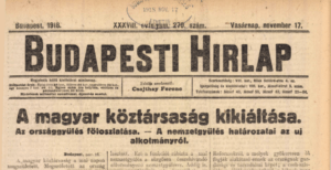 A Budapest Hírlap 1918. november 17-ei számának címlapja a köztársaság kikiáltásáról (Digitálsi másolat: ADT)