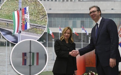Vučić „szakértői” magyar zászlókkal fogadták Belgrádban az olasz kormányfőt (Fotók)