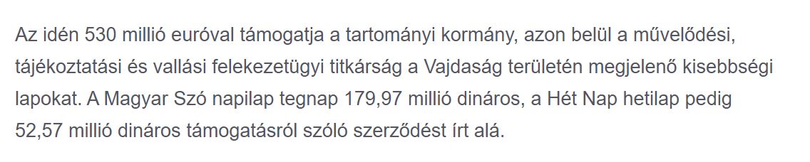 A Magyar Szó cikke szerint a tartományi kormány 530 millió euróval (!) támogatja a kisebbségi sajtót (Fotó: Printscreen Magyar Szó)
