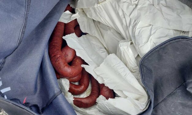 Fél tonna sudžuk kolbászt és estélyi ruhákat találtak a vámosok egy járműben