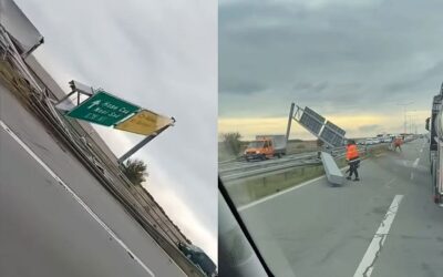 Leállt a forgalom az autópályán, teherautó döntött ki egy jelzőtáblát