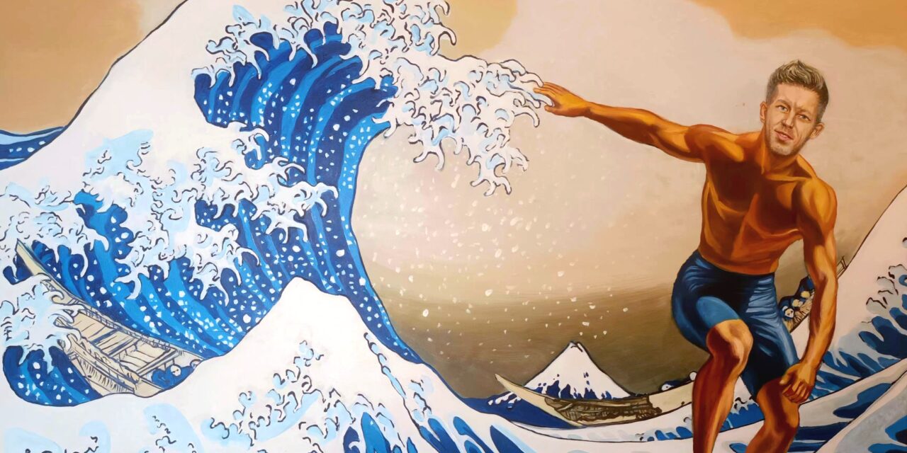 Magyar Péter az áradó Tiszán szörfözve aurafarmingol drMáriás festményén