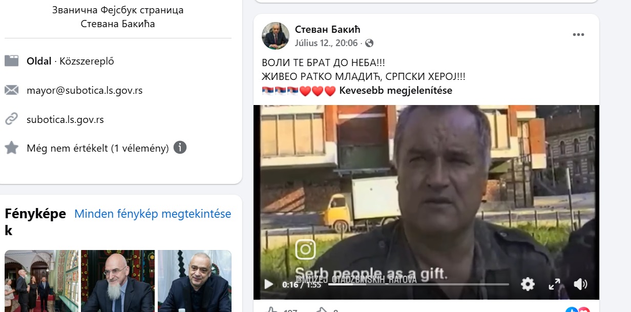 Szabadka polgármestere a háborús bűnös Ratko Mladićot élteti hivatalos közösségi oldalán