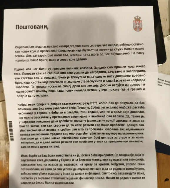 Vučić levelet írt a nyugdíjasoknak, figyeljék a postaládát!