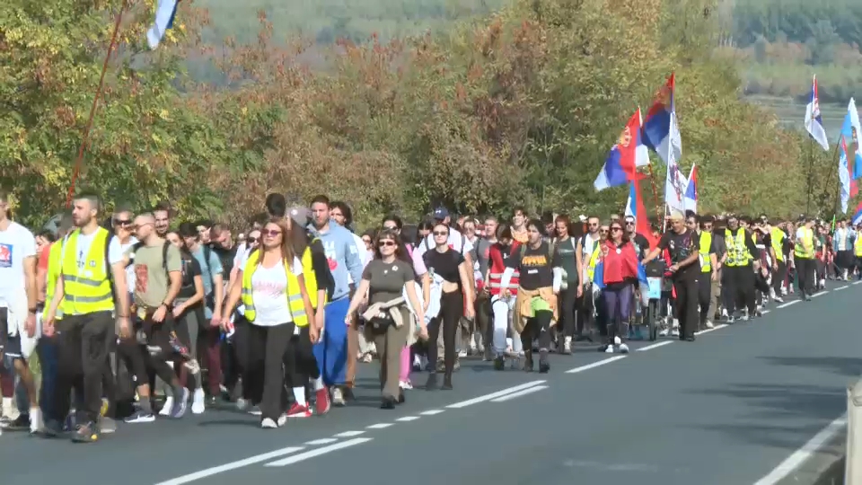 Gyalogló egyetemisták: Szerbia győz feliratú teherautók sofőrjei integetnek nekünk útközben